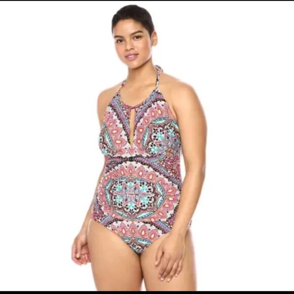 Kenneth Cole One Piece Swimsuit Size 2X Plus Size High Neck Halter Multi NEW - Picture 3 of 10